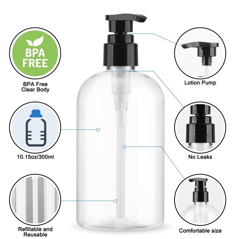 Aurnoet Empty Pump Bottles Dispenser 2 Pack 300ml/10.15oz. Clear Plastic Pump Bottle Dispenser for Essential Oil Soap Lotion Shampoo - Image 4